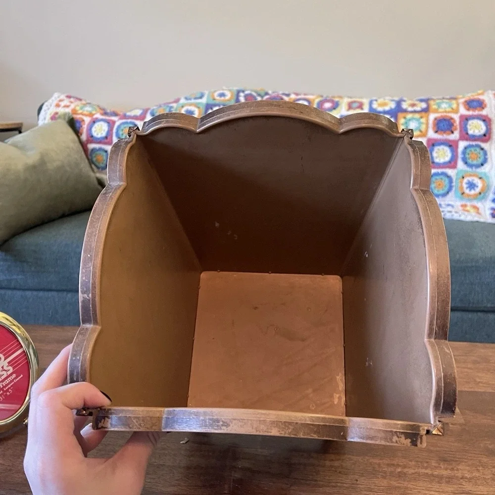 VTG‎ MCM Faux Wood Chrome Plastic Waste Basket Trash Can Planter Scallop Edge